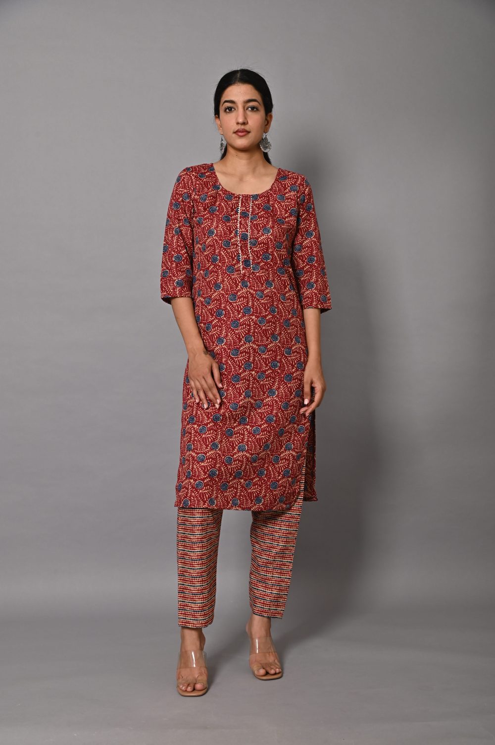 Women's Ethnic Rust Red Printed Kurta with Straight Pants Set