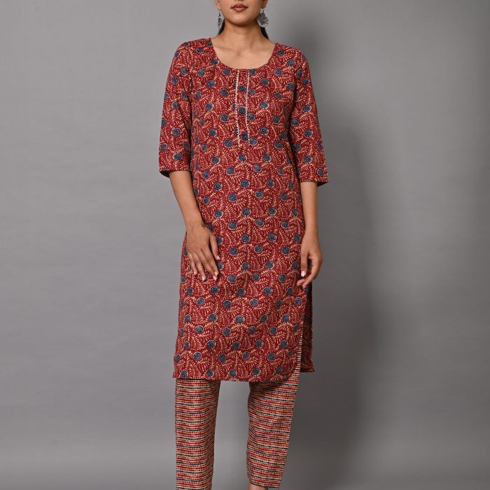 Women's Ethnic Rust Red Printed Kurta with Straight Pants Set